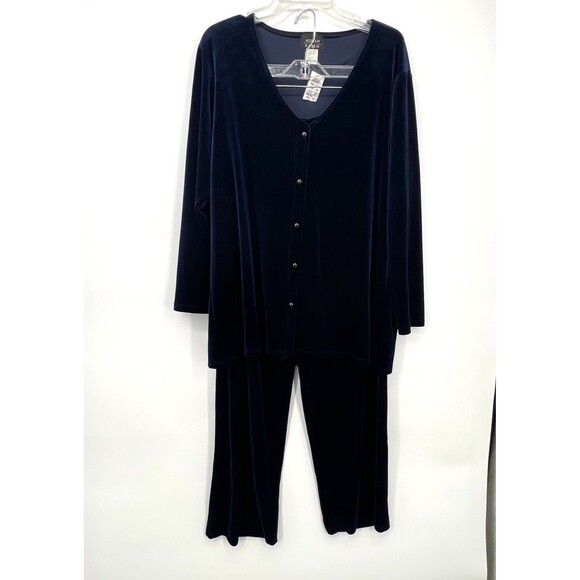 Vintage Adrian Karen Blue Velvet Pantsuit Set Sz 1X Wide Leg Elegant Party - Picture 2 of 16